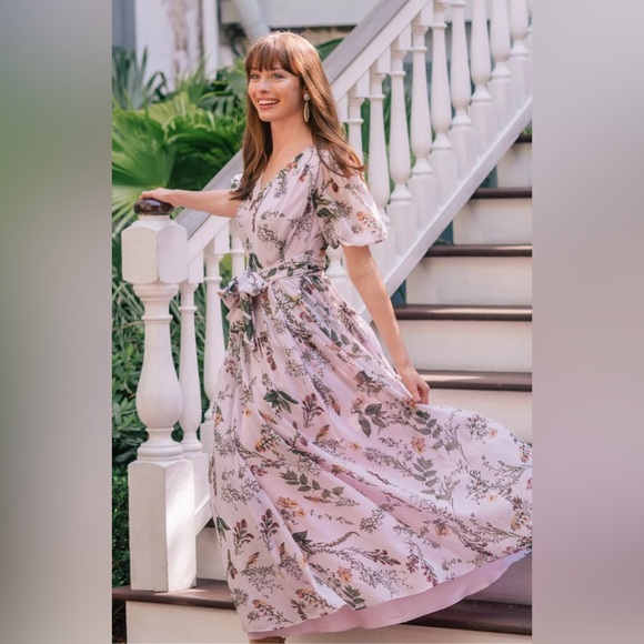 🌟NEW🌟Gal Meets Glam Phoebe floral puff sleeve chiffon Maxi Dress in blush - Picture 5 of 15